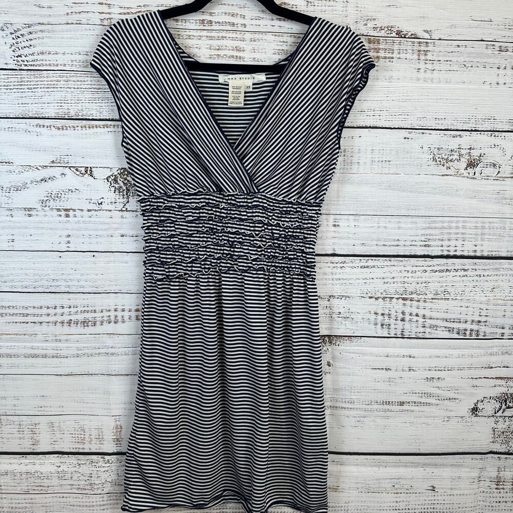 Max Studio Navy White Stripe Knit Stretch V Neck Mini Dress Cap Sleeve Womens XS